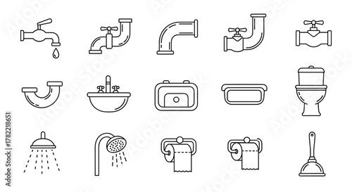 A comprehensive collection of minimalistic line icons representing essential bathroom fixtures and plumbing elements, including faucets, pipes, sinks, showers, toilets, bathtubs, toilet paper