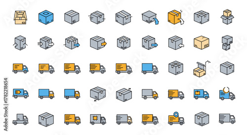 Vivid collection of modern line icons representing delivery services, featuring various boxes and vans in a cartoon illustration style, perfect for websites, apps, and design projects, showcasing