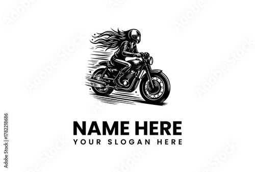 Dynamic female biker riding classic motorcycle vector logo design depicting speed and freedom, perfect for vintage motorcycle clubs and adventure brands