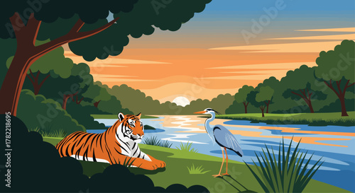 Majestic tiger rests by tranquil riverbank as heron watches during vibrant sunset in lush jungle oasis