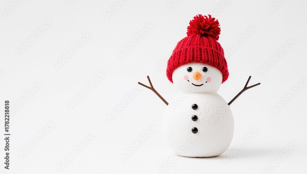 Fototapeta premium A snowman wearing a red knit cap stands isolated on a white backdrop, seasonal decoration