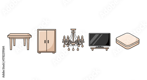 Collection of five flat design vector illustrations of home furniture and electronics: a wooden table, a beige closet with two doors, a decorative chandelier, a modern flat-screen TV on a stand, and