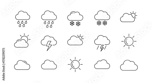 Collection of minimalistic linear weather forecast icons, including rain, snow, thunderstorms, sun, and clouds, presented in a clean, modern, and easily understandable line art style, perfect for web