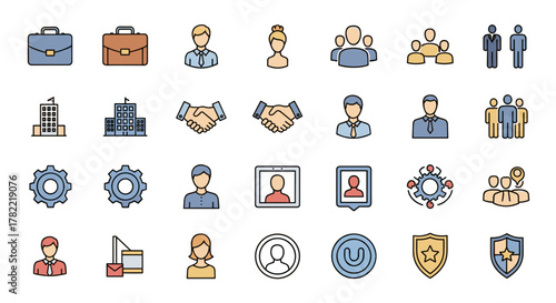 A vibrant and diverse collection of business-themed line icons, featuring briefcases, office buildings, professional individuals, team groups, handshake symbols, gears, and security shields, all