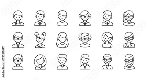 Modern outline style user avatar icons for design, cards, apps, and social networks. This ordered set of vector cartoon illustrations features diverse characters with various hairstyles and