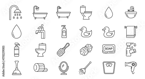 Collection of thin line icons representing water and bathroom elements, perfect for web, books, cards, and apps. Includes shower, bathtub, toilet, sink, soap, towel, rubber duck, and hairdryer
