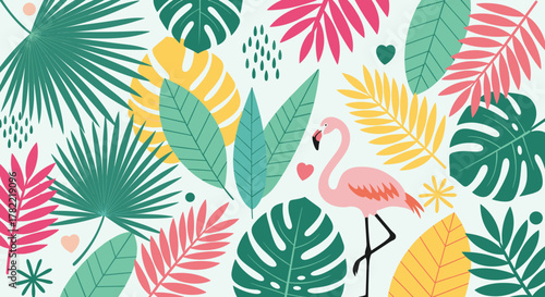 Vibrant abstract tropical plant background vector featuring a colorful boho foliage botanical pattern with tropical leaves, a charming flamingo, and floral elements, perfect for summer sale