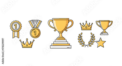 Collection of golden award icons, including trophies, medals, crowns, laurel wreath, and star, representing victory and achievement. These thin line vector graphics are perfect for web, books, cards