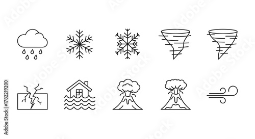 Minimalist line art icon set depicting various weather phenomena and natural disasters, including rain, snowflakes, tornadoes, earthquakes, floods, volcanoes, and wind, presented in a clean, modern