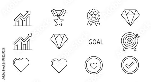 Set of editable line icons representing core values and achievements, including growth charts, awards, diamonds, goals, hearts, and checkmarks, symbolizing success, quality, and satisfaction in a