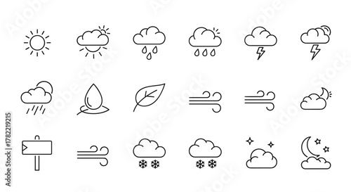 A collection of simple, flat, outline-style vector illustrations representing various weather conditions, including sun, partly cloudy, rain, thunderstorms, dew drops, wind, snow, and night sky with