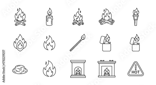 Set of fire and flame vector icons, including bonfire, candle, torch, match, lighter, fireplace, and hot warning sign. This collection features clean, ordered line art on a white background, perfect