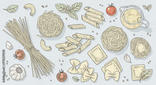 Hand-drawn vector illustration of a variety of traditional Italian pasta shapes, including spaghetti, penne, farfalle, ravioli, and fettuccine nests, artfully arranged with fresh tomatoes, basil
