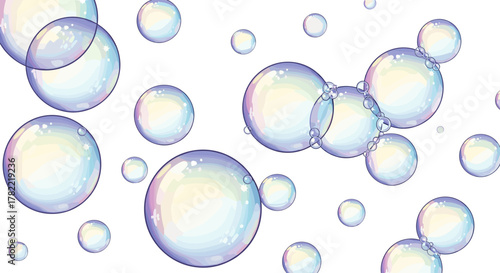 A vibrant and whimsical vector illustration featuring a collection of iridescent soap bubbles floating against a clean white background, showcasing a spectrum of pastel colors and sparkling