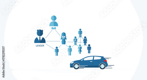 Abstract illustration depicting a team hierarchy with a central leader connected to various individuals, symbolizing teamwork and organization, alongside a dynamic blue compact car in motion