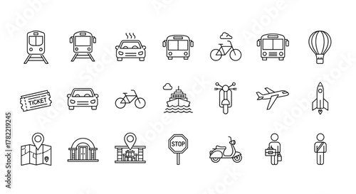 A diverse collection of line icons representing various modes of transportation and travel essentials, including trains, cars, buses, bicycles, scooters, airplanes, rockets, hot air balloons, ships