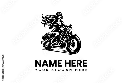 Dynamic monochrome illustration of a stylish woman on a classic vintage motorcycle, perfect for custom branding or apparel design