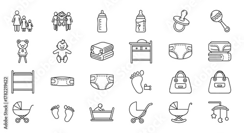 A comprehensive collection of line icons representing family and baby essentials, including parents, children, baby bottles, diapers, changing tables, cribs, strollers, pacifiers, rattles, baby