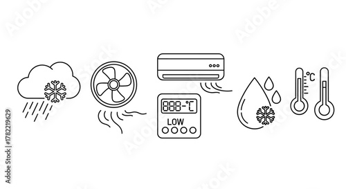 Collection of cooling and air conditioning line icons, including a snowflake in a cloud with rain, a fan, an air conditioner unit with a digital display showing low temperature, water droplets with a
