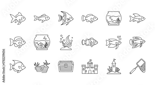 Collection of minimalistic linear pictograms representing fish in aquariums, aquatic plants, treasure chests, castles, and fishing nets, designed for web and graphic design, apps, banners, social
