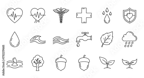 Collection of thin line icons representing health, water, and nature elements: heart with cardiogram, caduceus, cross, water drops, shield with heart, wave, tap with drop, leaf, cloud with rain
