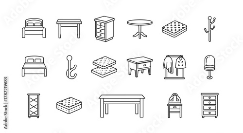 Collection of simple outline icons representing essential furniture items, including beds, tables, mattresses, coat hooks, dressers, and clothing racks, perfect for digital and print design projects
