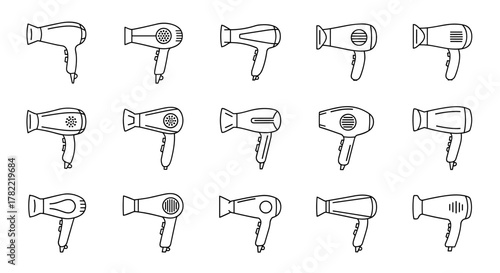 Collection of fifteen diverse line art icons representing hair dryers, showcasing various designs and styles, perfect for graphic design, concept art, app interfaces, and vector illustrations on a