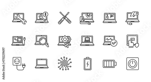 Set of modern outline style icons representing laptop repair, diagnostics, and computer maintenance, suitable for design elements, apps, social networks, and web graphics. Includes icons for tools