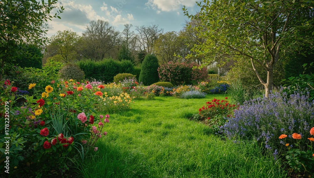 Obraz premium Vibrant Blooms in Lush Garden, ideal for editorial header background