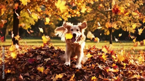 ​Happy Golden Retriever Dog Jumping Out of a Big Pile of Autumn Leaves in Slow Motion