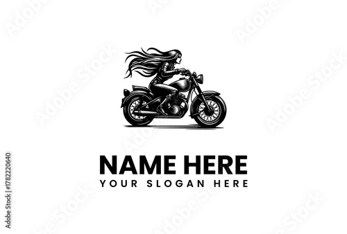 Silhouette of a woman with long flowing hair riding a classic chopper motorcycle, a powerful biker girl concept vector logo illustration