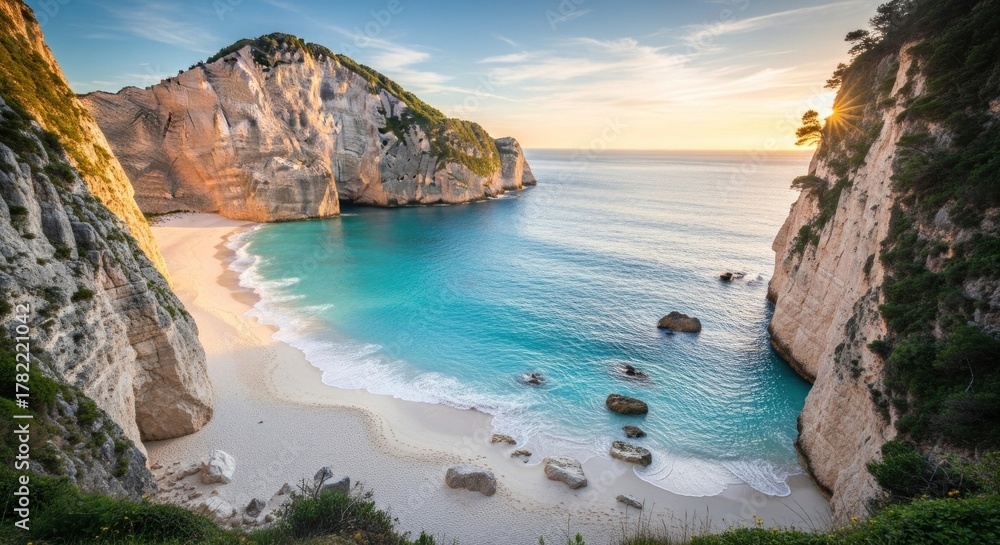 Fototapeta premium Turquoise bay between tall cliffs, sunny day, golden light, sandy beach and calm waters