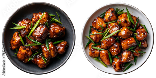 set of Top view of a plate with chicken pieces drizzled in tangy sauce, sprinkled with sesame seeds and fresh herbs and rise isolated on transparent background	