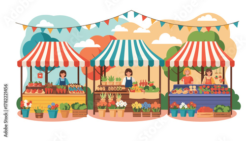 Vibrant farmers market scene with cheerful vendors selling fresh produce and flowers under colorful striped awnings