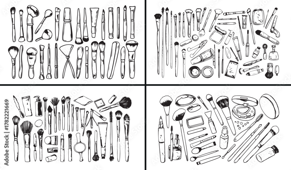 Obraz premium makeup brush illustration, cosmetic tools drawing, beauty accessories sketch, hand drawn makeup design, professional cosmetic artwork, fashion beauty vector, stylish makeup instruments, beauty salon d