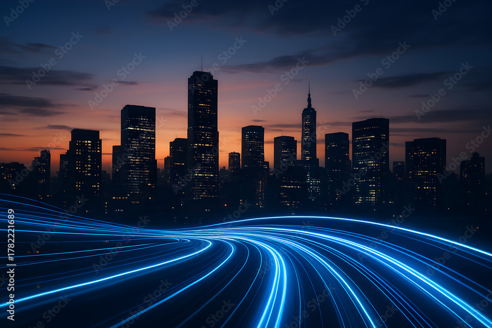 Obraz premium Dynamic light streaks illuminate a modern city skyline at dusk, conveying fast paced innovation and sleek urban energy with a vibrant glow
