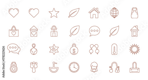 Rose Gold Line Art Logo Design: A Comprehensive Vector Icon Set Featuring Hearts, Stars, Leaves, Houses, Globes, Shopping Bags, Speech Bubbles, Money Symbols, Thermometers, Suns, Clocks, and More