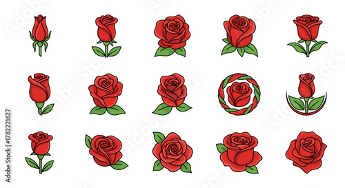 Collection of Red Rose Illustrations: A Vector Cartoon Set Featuring Various Stages of Bloom, from Bud to Full Flower, with Green Leaves and Stems, Presented on a Clean White Background for Versatile