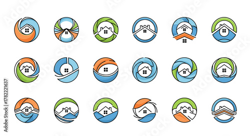Set of 16 abstract circular real estate logo designs, featuring stylized houses within swirling, organic shapes in vibrant orange, blue, and green color palettes, perfect for branding and visual