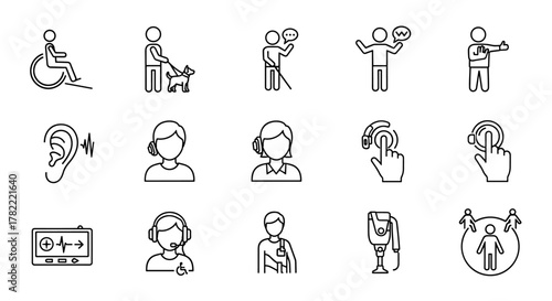 Set of accessibility icons representing universal access and disability inclusion. Includes symbols for wheelchair users, guide dogs, visually impaired individuals, hearing assistance, communication