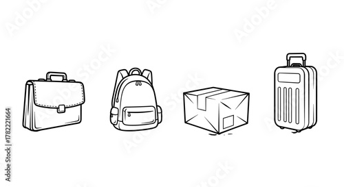 A versatile collection of line art icons representing a briefcase, backpack, package, and wheeled baggage, perfect for graphic design, web development, app interfaces, advertising materials, and