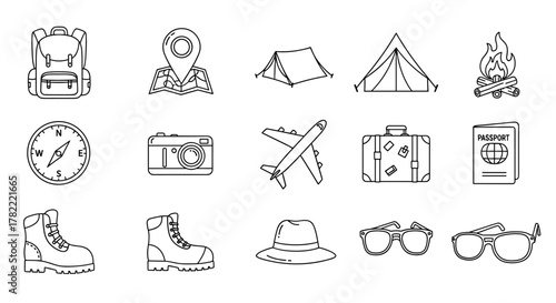Vector outline icons set for travel and vacation, including backpack, map pin, camping tent, campfire, compass, camera, airplane, suitcase, passport, hiking boots, hat, and sunglasses, perfect for