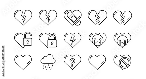 Collection of heart-shaped line icons representing various emotional states and relationship statuses, including broken hearts, locked and unlocked hearts, hearts with bandages, stormy weather