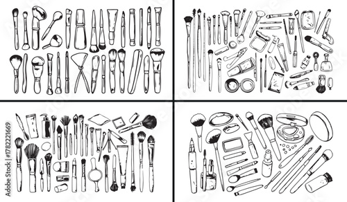 makeup brush illustration, cosmetic tools drawing, beauty accessories sketch, hand drawn makeup design, professional cosmetic artwork, fashion beauty vector, stylish makeup instruments, beauty salon d