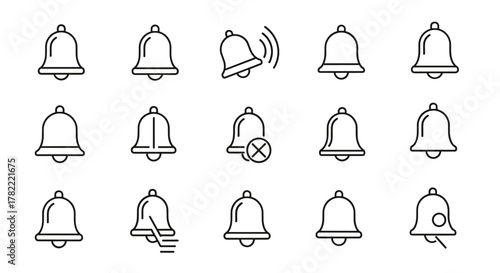Collection of thin line icons representing bells, notifications, and ringing sounds, suitable for web, apps, and print design. Editable stroke vector illustrations in a clean, modern style, conveying