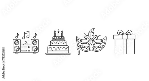 A vibrant collection of four distinct party-themed line icons, meticulously designed with editable strokes for versatile application across digital and print media, including websites, apps, and
