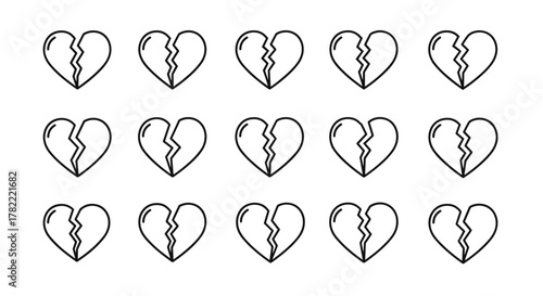 A collection of fifteen simple, clean, and modern outline icons of a broken heart, presented in a grid format on a white background, perfect for graphic design, web development, app interfaces, and