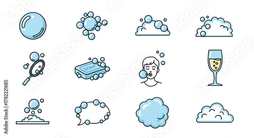 Set of 12 cartoon bubble and foam icons for graphic design, websites, cards, books, and articles. This ordered set includes a single bubble, multiple bubbles, soap, a bubble wand, a person blowing
