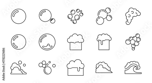 Set of minimalistic outline icons representing bubbles and foam, perfect for web and graphic design, apps, banners, social networks, and cards. This vector cartoon illustration features various
