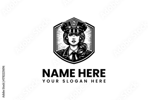 A classic black and white illustration of a female police officer in a uniform and cap, framed within a shield emblem for a security badge